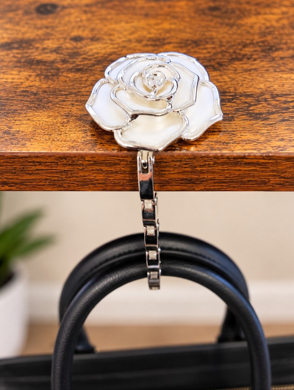 Rose Purse Hook - White and Silver